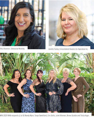 Professional women in business attire, group photo with tropical plant background