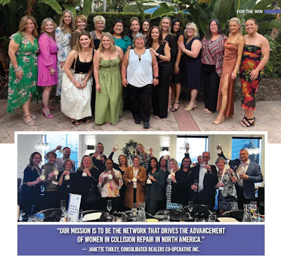 Women's professional networking group posing together in two group photos with diverse attire