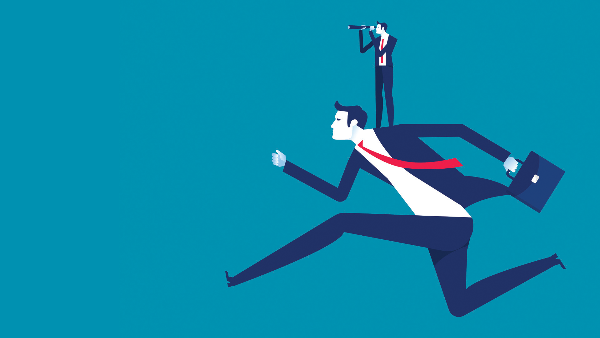 Business professional running forward with colleague using telescope for strategic vision