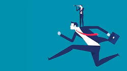 Business professional running forward with colleague using telescope for strategic vision