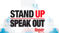 Stand Up Speak Out campaign graphic with blue silhouettes and motivational text