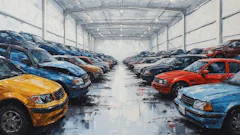 Multiple cars in various colors parked inside a spacious industrial warehouse