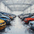 Multiple cars in various colors parked inside a spacious industrial warehouse