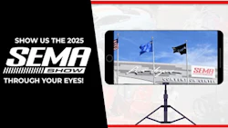 SEMA Show 2025 promotional graphic with flags and mobile device display