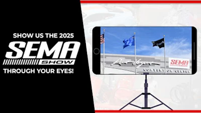 SEMA Show 2025 promotional graphic with flags and mobile device display