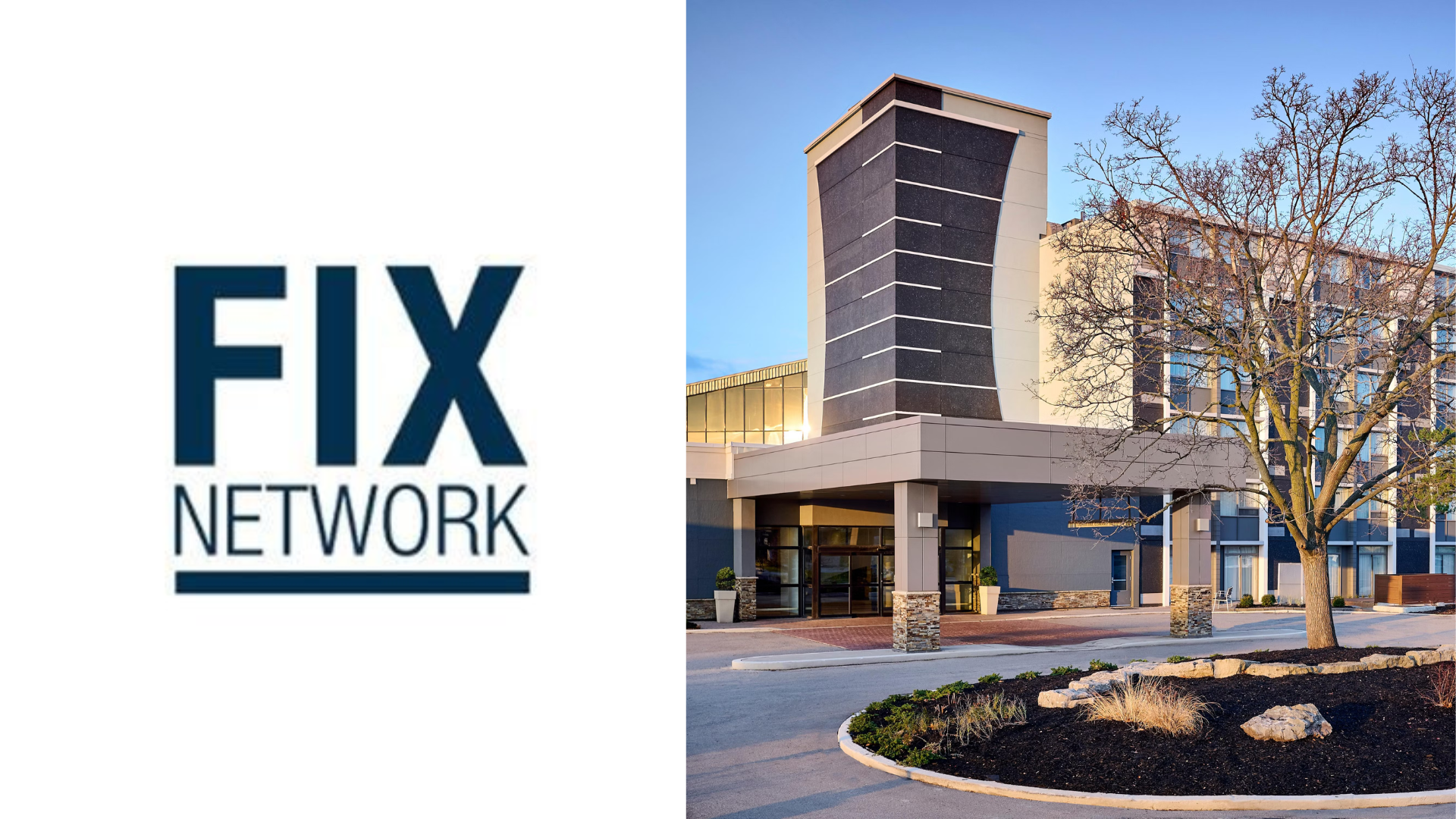 Fix Network logo in navy blue and white with modern corporate building exterior