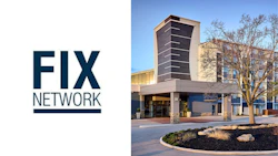 Fix Network logo in navy blue and white with modern corporate building exterior