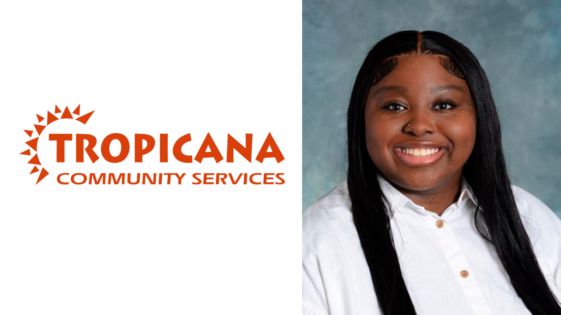 Tropicana Community Services logo in bright red with smiling professional in white shirt