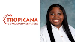 Tropicana Community Services logo in bright red with smiling professional in white shirt