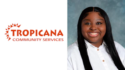 Tropicana Community Services logo in bright red with smiling professional in white shirt
