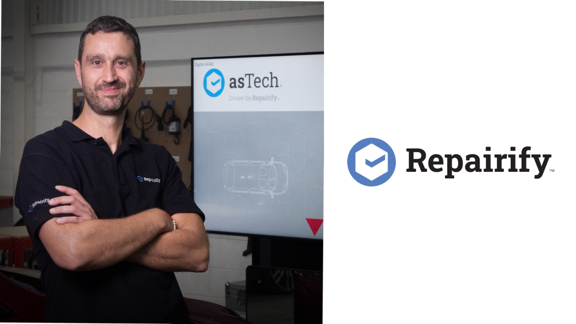 Repairify technology professional standing near company logo display