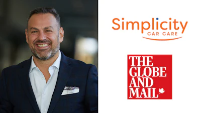 Professional businessman in navy suit, Simplicity Car Care and Globe and Mail logos