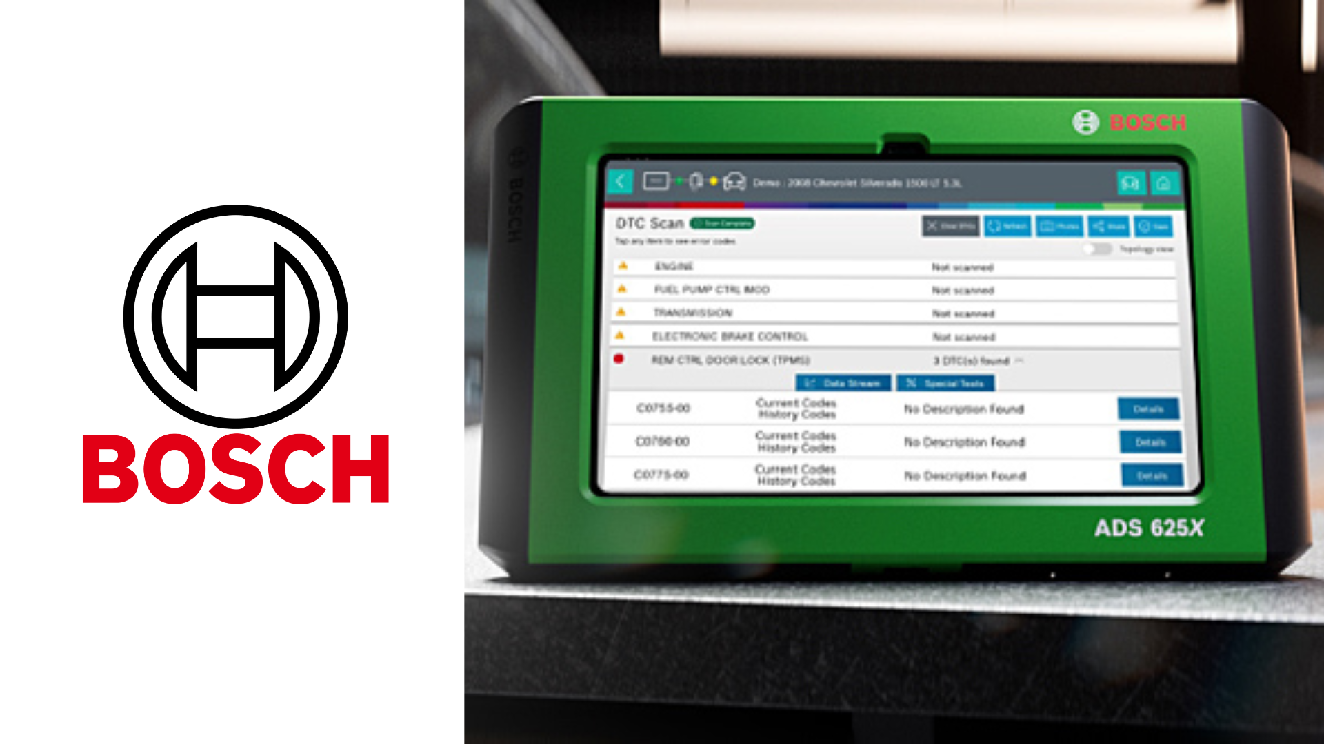Bosch logo beside diagnostic tool ADS 625X with green display screen