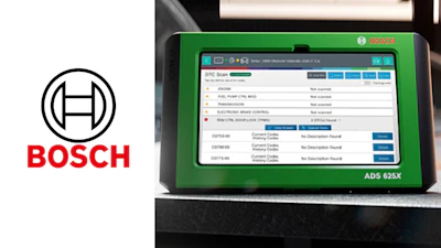 Bosch logo beside diagnostic tool ADS 625X with green display screen