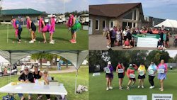 Charity golf event with participants in colorful outfits on golf course and group photos