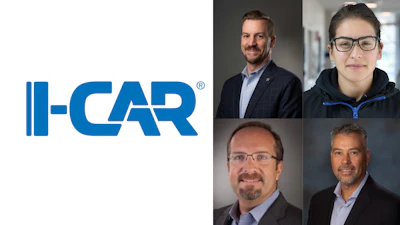 I-CAR blue corporate logo alongside professional headshots of four team members