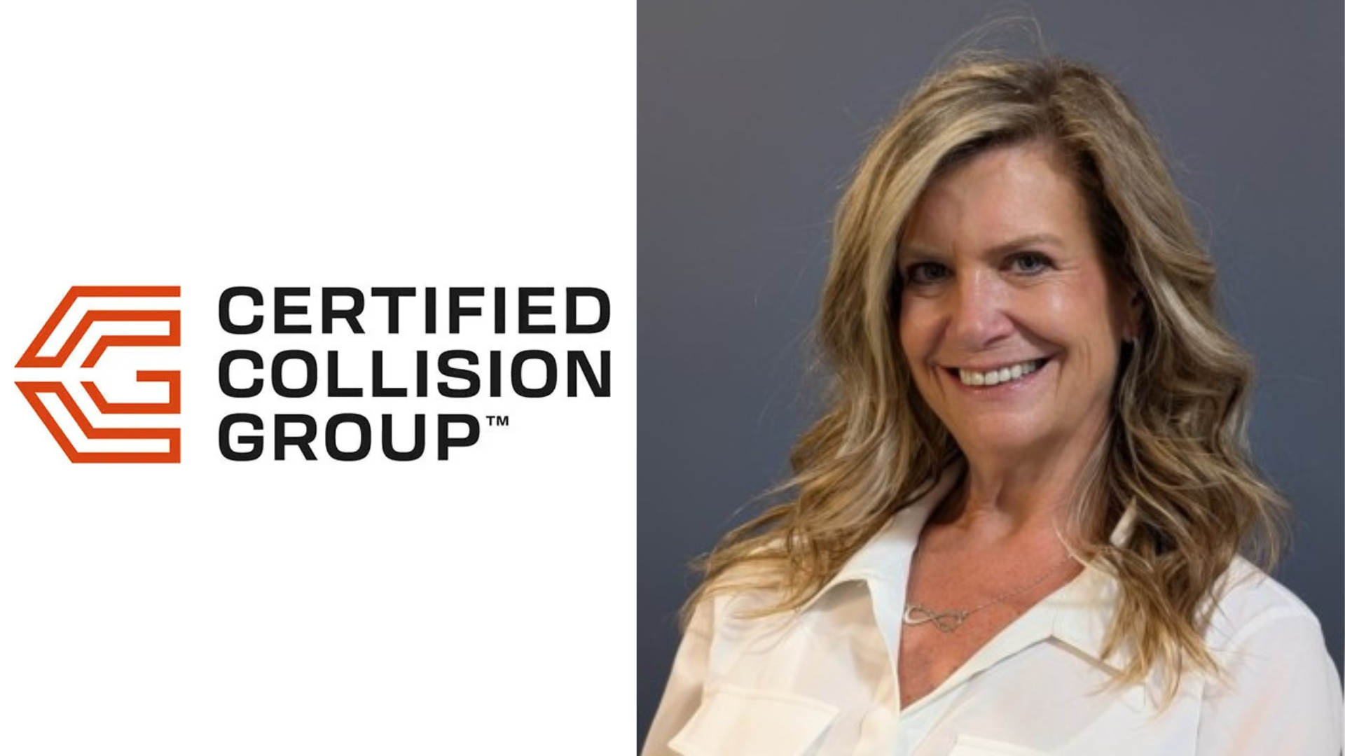 Certified Collision Group logo with smiling professional in white shirt