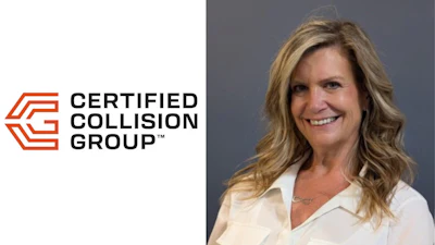 Certified Collision Group logo with smiling professional in white shirt