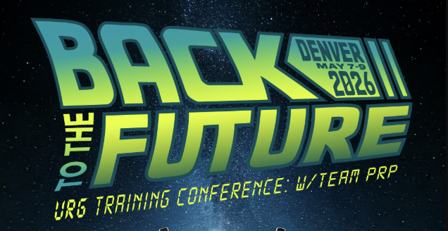 Back to the Future conference poster with futuristic typography in teal and green