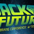 Back to the Future conference poster with futuristic typography in teal and green