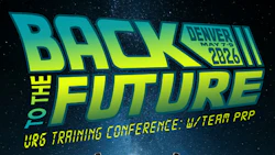 Back to the Future conference poster with futuristic typography in teal and green