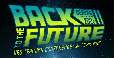 Back to the Future conference poster with futuristic typography in teal and green