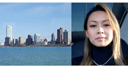Detroit skyline with blue water and urban buildings, alongside a person in a dark top