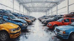 Multiple cars parked in rows inside a bright industrial warehouse showroom