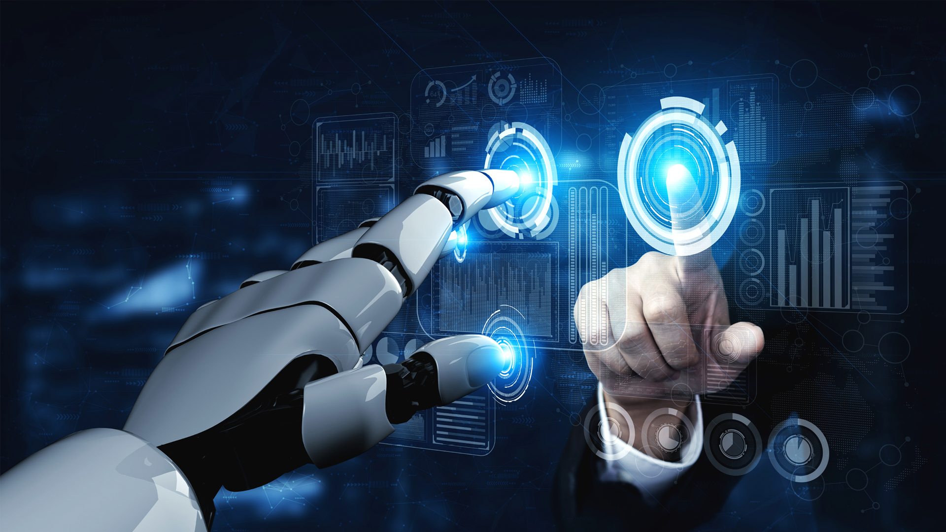 Robotic and human hands touching futuristic digital holographic interface screens