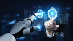 Robotic and human hands touching futuristic digital holographic interface screens