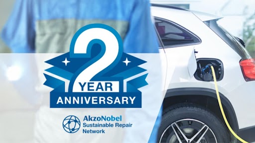 AkzoNobel Sustainable Repair Network 2-year anniversary logo with electric vehicle charging