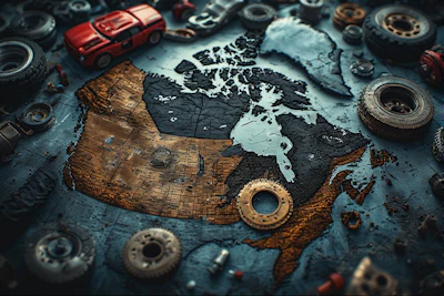 Artistic map of Canada crafted from mechanical parts and vintage gears