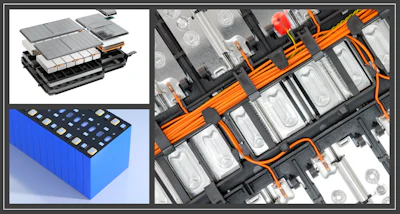 Electric vehicle battery module with orange wiring and multiple cell compartments
