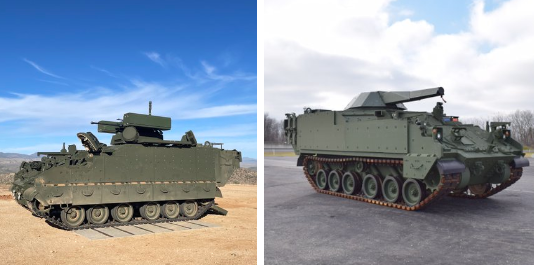 Two military armored tracked vehicles, one in desert and one on pavement