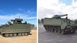 Two military armored tracked vehicles, one in desert and one on pavement