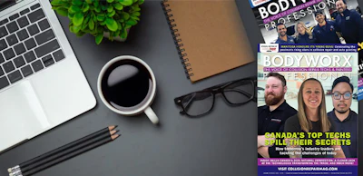 Desktop workspace with laptop, coffee, magazine, plant, and glasses
