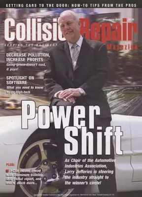 Collision Repair Magazine cover featuring an older professional in a suit with automotive theme