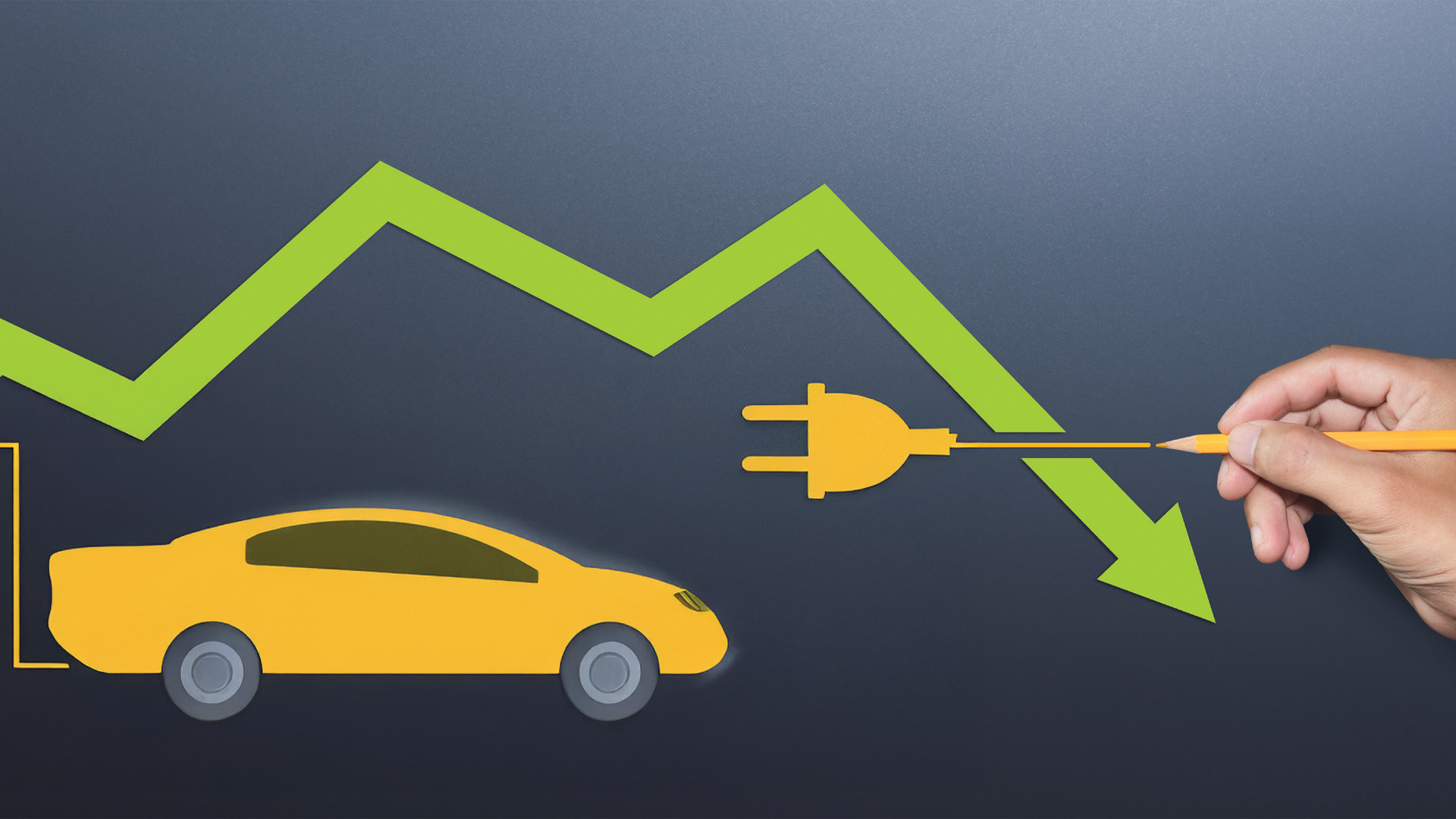 Yellow electric car connected to green downward trending graph showing energy decline