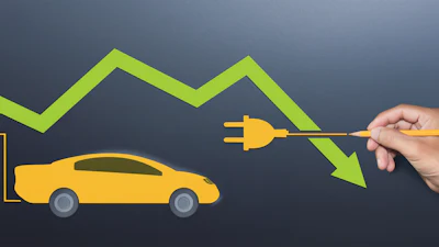 Yellow electric car connected to green downward trending graph showing energy decline