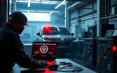 Toyota vehicle undergoing diagnostic testing in high-tech automotive workshop