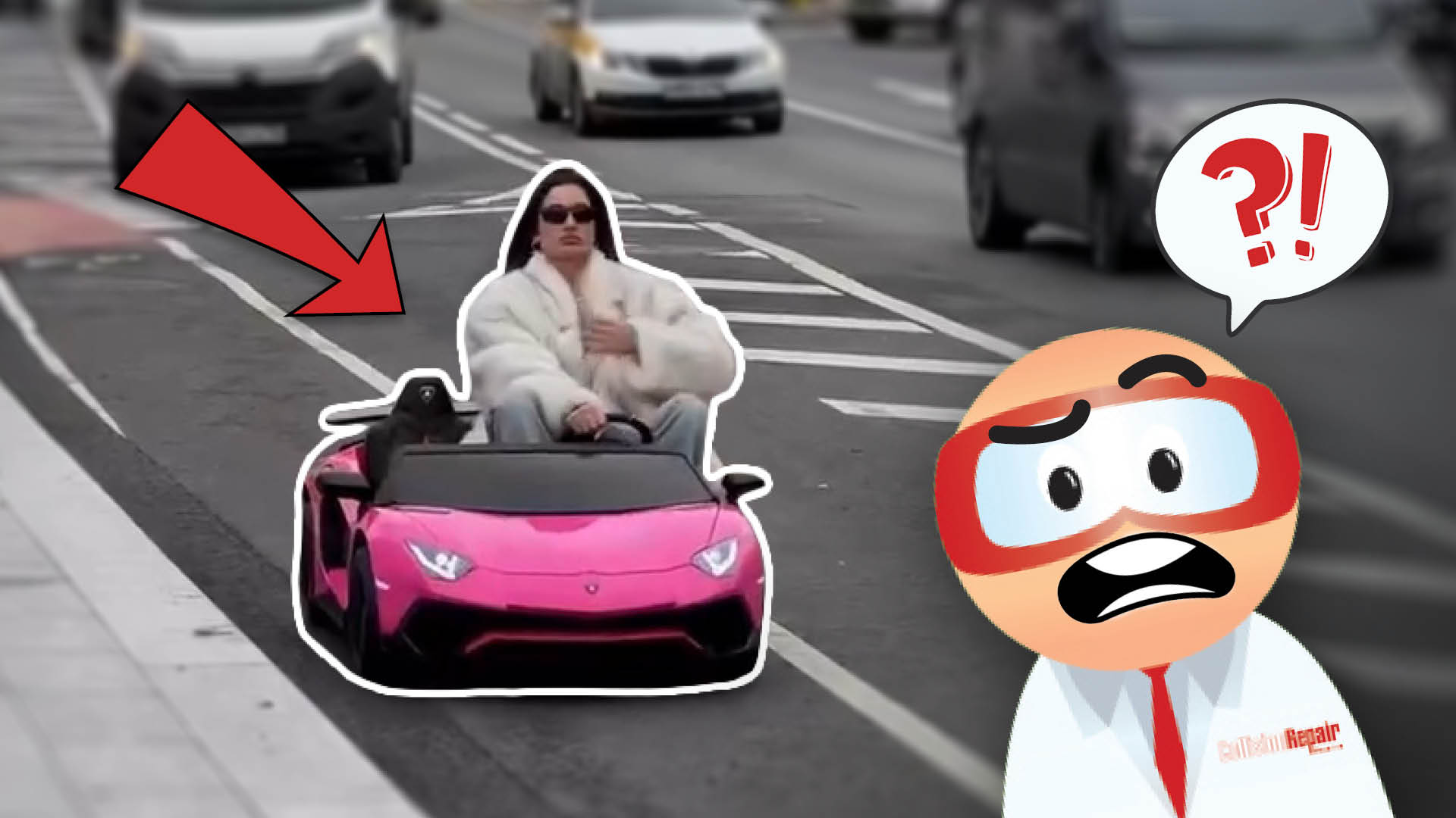 Surprised cartoon character watching pink Lamborghini on city street