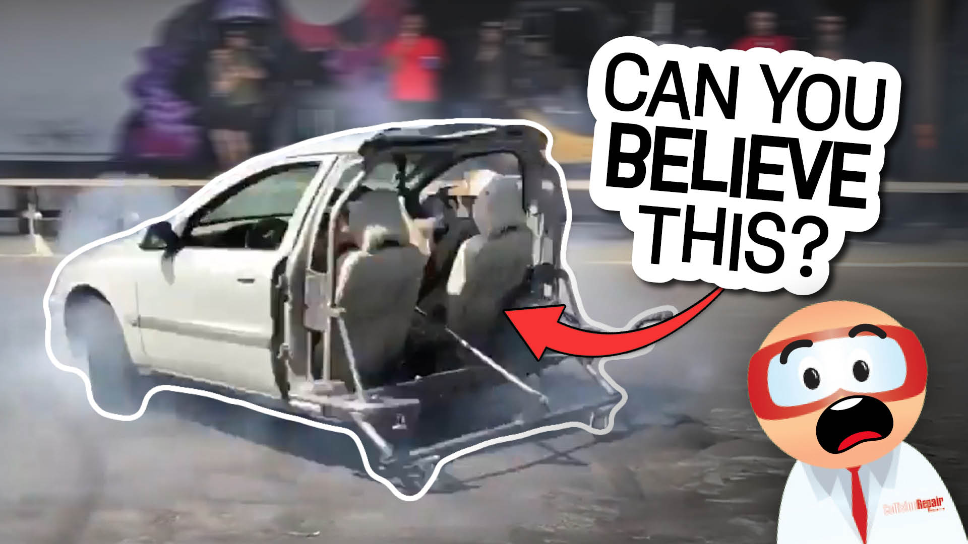 White car with open doors and smoke, shocked cartoon face reaction