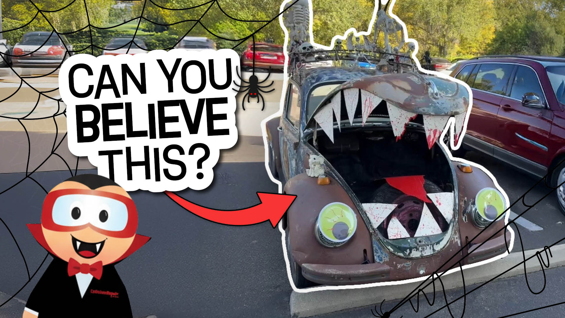 Spooky Halloween car with monster teeth and cartoon vampire character
