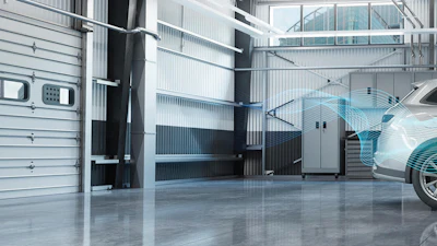 Modern automotive workshop with clean white interior and sleek vehicle