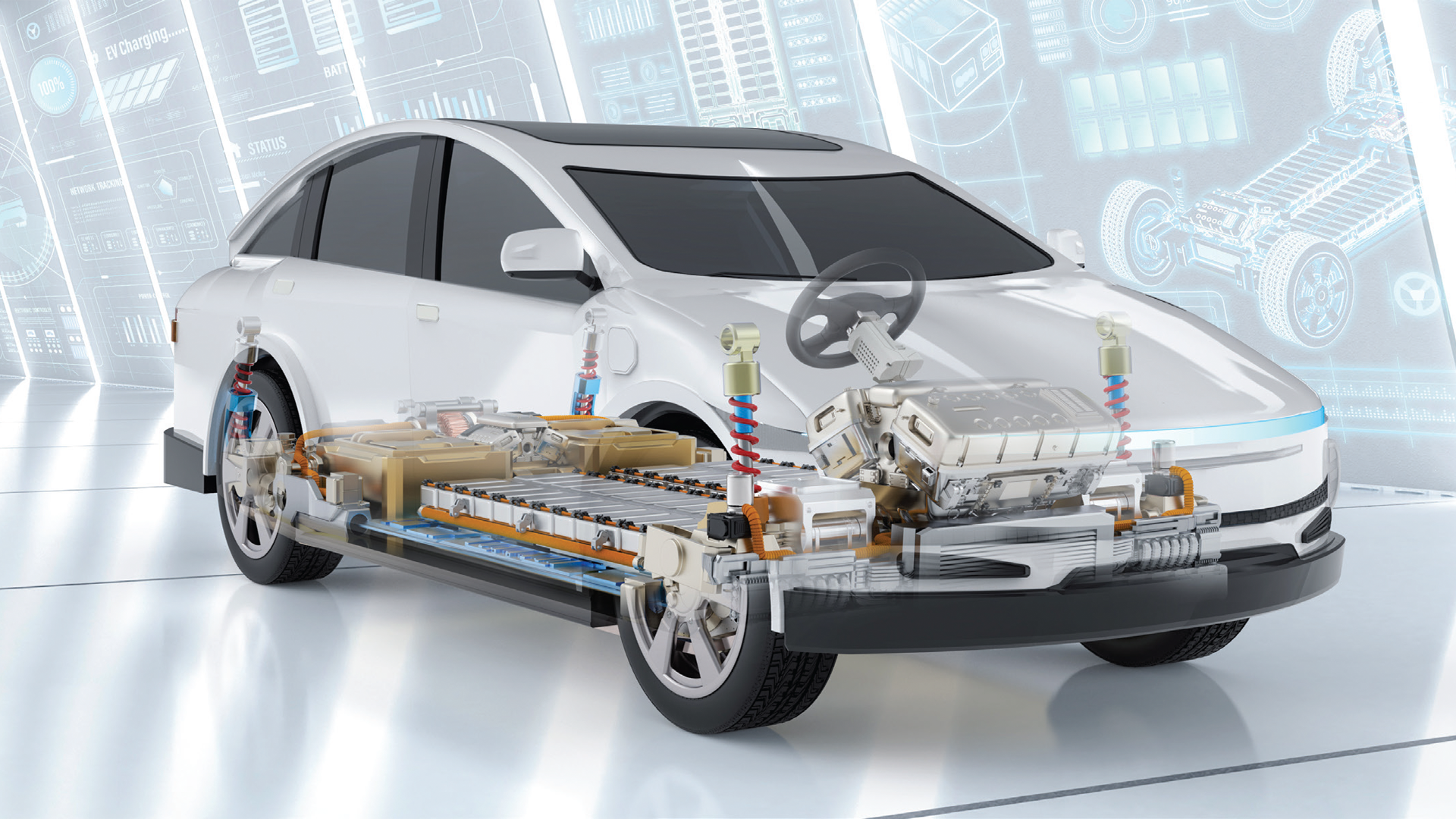 Transparent electric vehicle cutaway revealing battery, chassis, and internal mechanical components