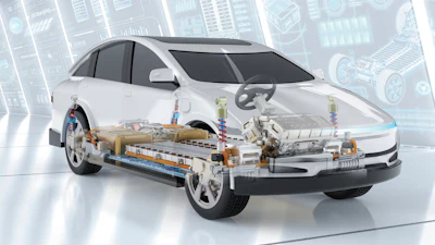 Transparent electric vehicle cutaway revealing battery, chassis, and internal mechanical components