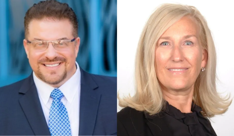 Two professional headshots: man in navy suit with blue tie, woman with blonde hair in black top