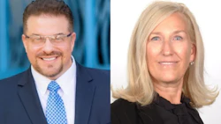 Two professional headshots: man in navy suit with blue tie, woman with blonde hair in black top