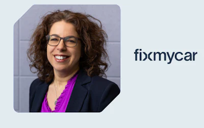 FixMyCar logo with smiling professional in business attire