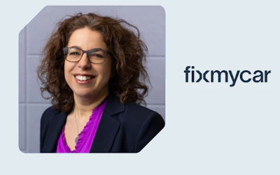 FixMyCar logo with smiling professional in business attire